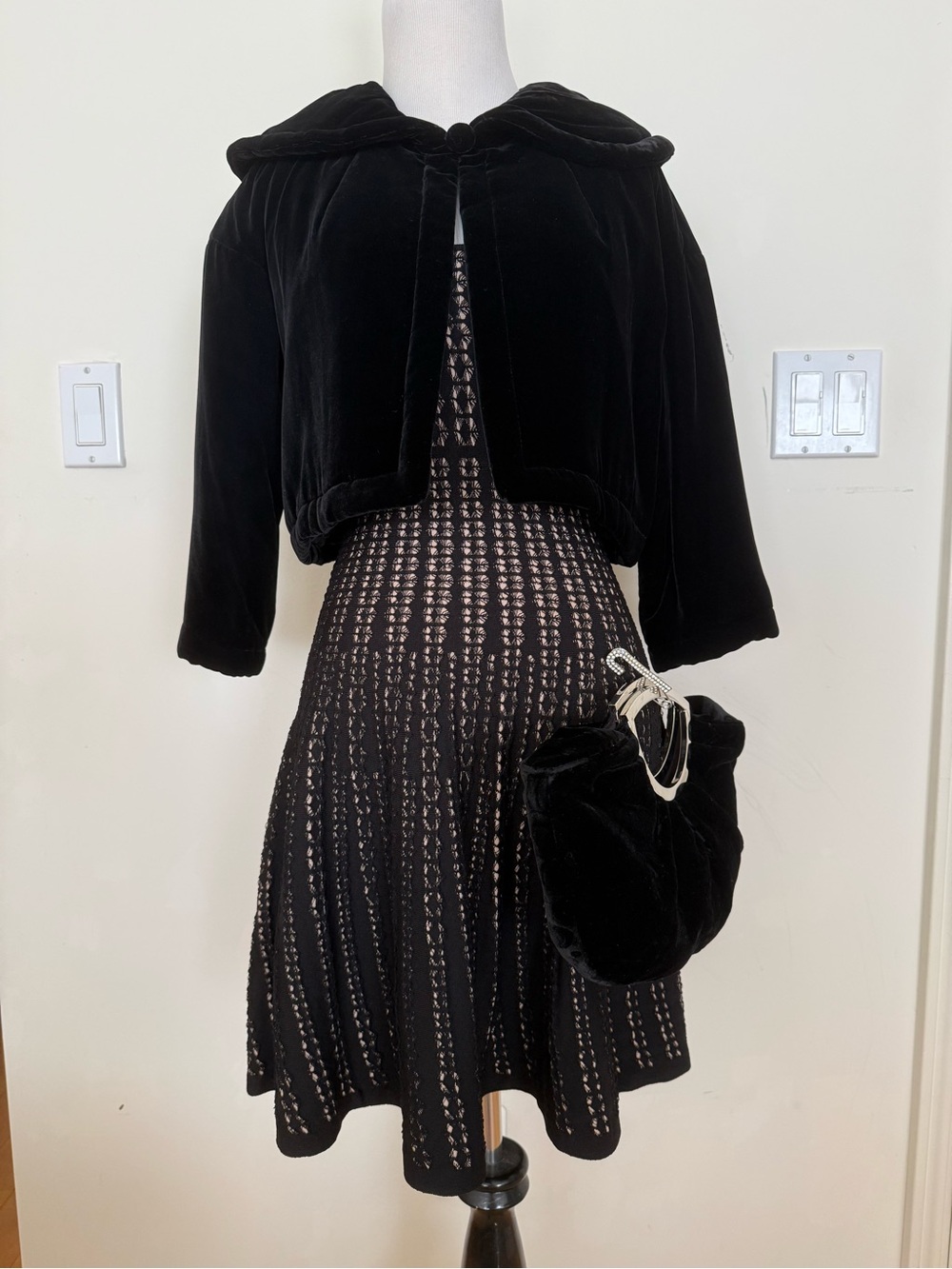 Diane von Furstenberg Cropped Jacket with RVN Dress and Franchi bag